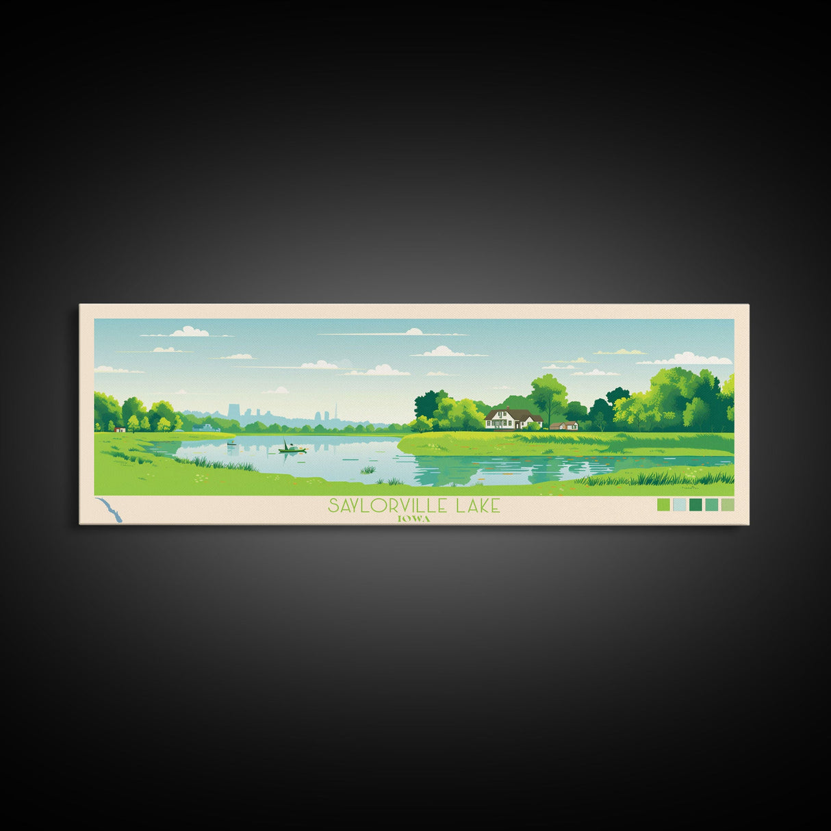 Saylorville Lake, Iowa Framed Canvas Print, Panoramic Travel Poster, Midcentury Modern Art, Home Decor, Pop Art, Bedroom Decoration