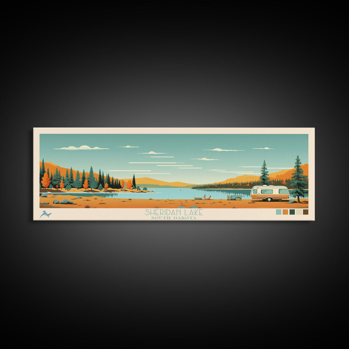 Sheridan Lake, South Dakota Framed Canvas Print, Panoramic Wall Art, Midcentury Modern Decor, Pop Art, Travel Poster, Living Room Decoration