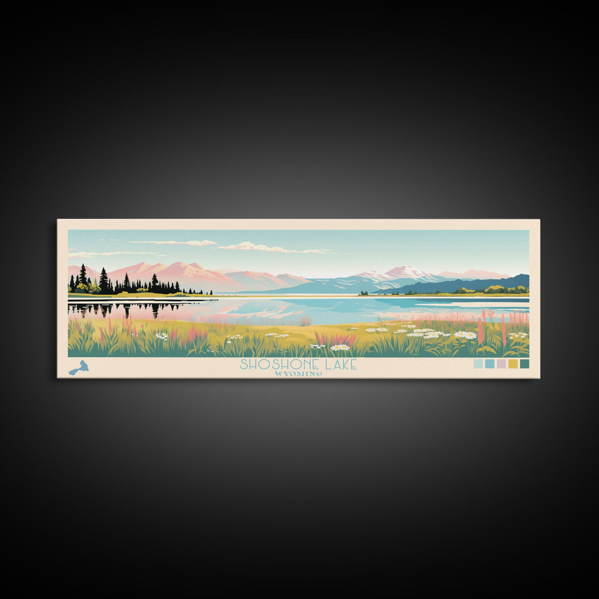 Shoshone Lake, Wyoming Framed Canvas Print, Panoramic Wall Art, Midcentury Modern Decor, Pop Art, Bedroom Decoration, Travel Poster