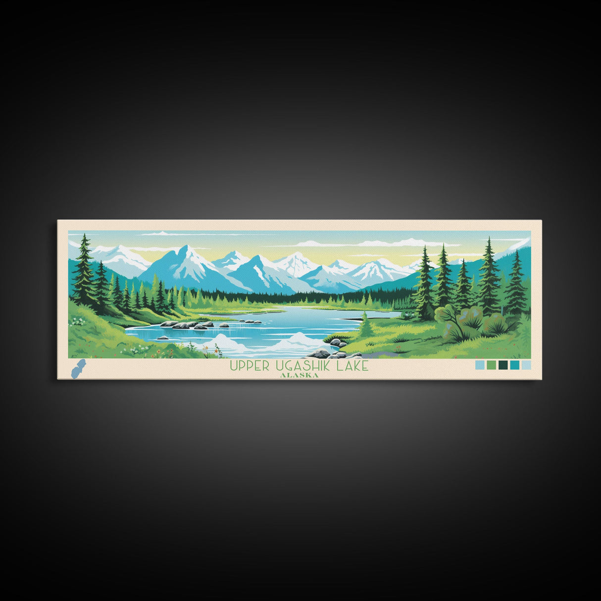 Upper Ugashik Lake, Alaska Framed Canvas Print, Panoramic Lake House Art, Midcentury Modern Decor, Pop Art, Travel Poster, Living Room Wall Art