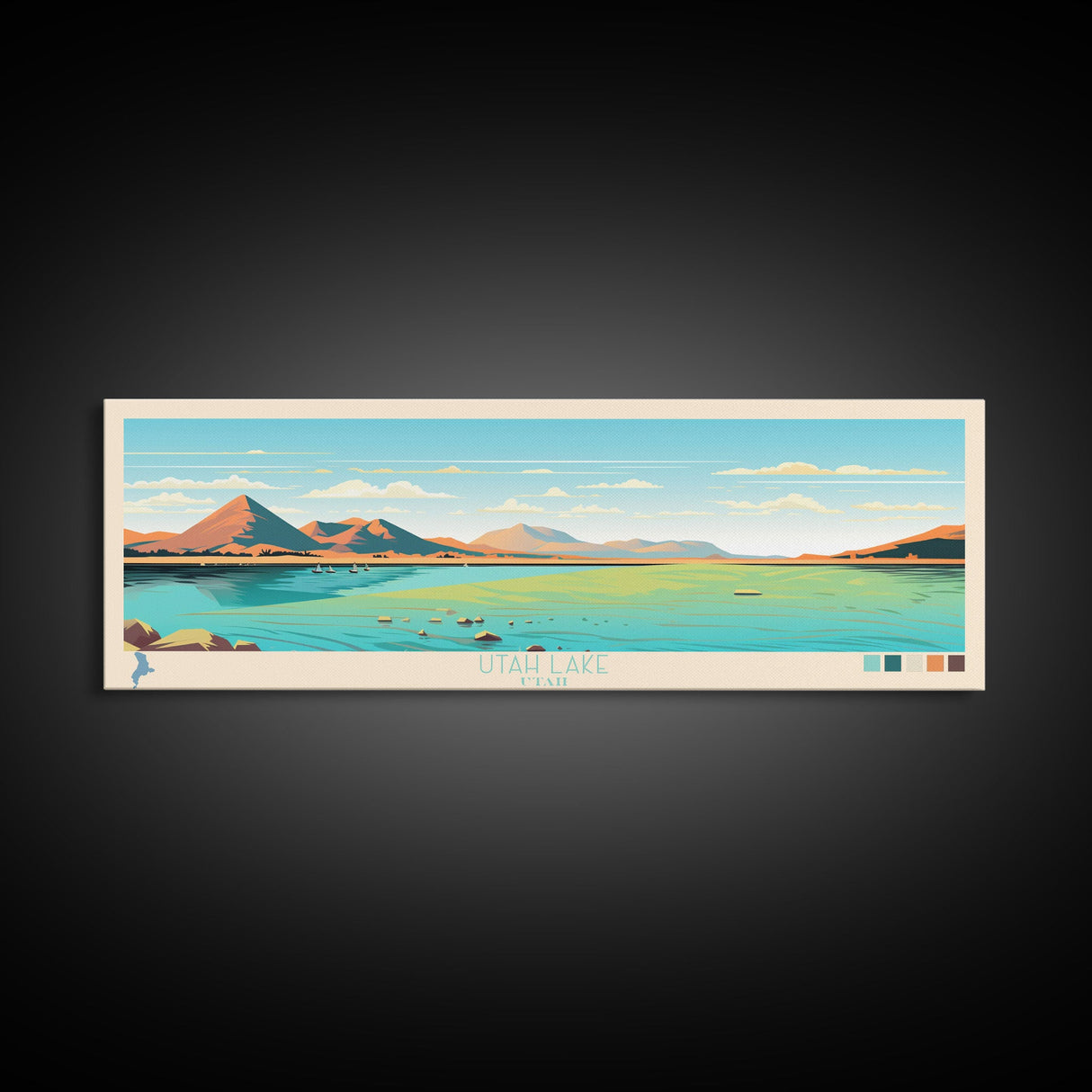 Utah Lake, Utah Framed Canvas Print, Panoramic Lake House Decor, Midcentury Modern Art, Pop Art, Travel Poster, Bedroom Wall Art