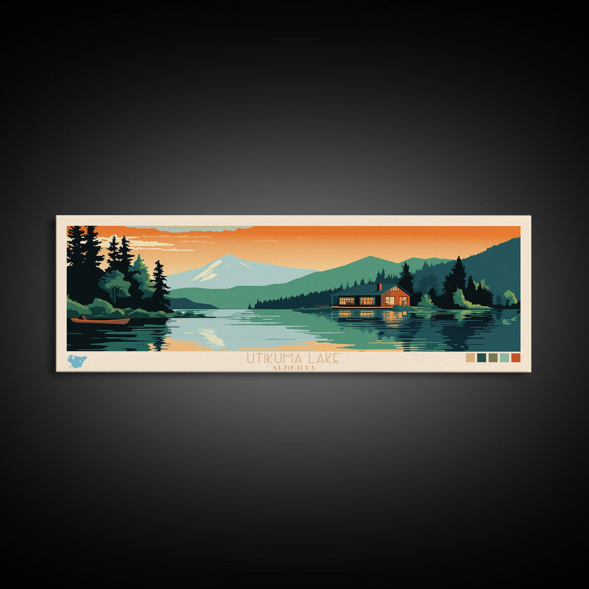 Utikuma Lake, Alberta Framed Canvas Print, Panoramic Lake House Art, Midcentury Modern Decor, Pop Art, Travel Poster, Living Room Wall Art