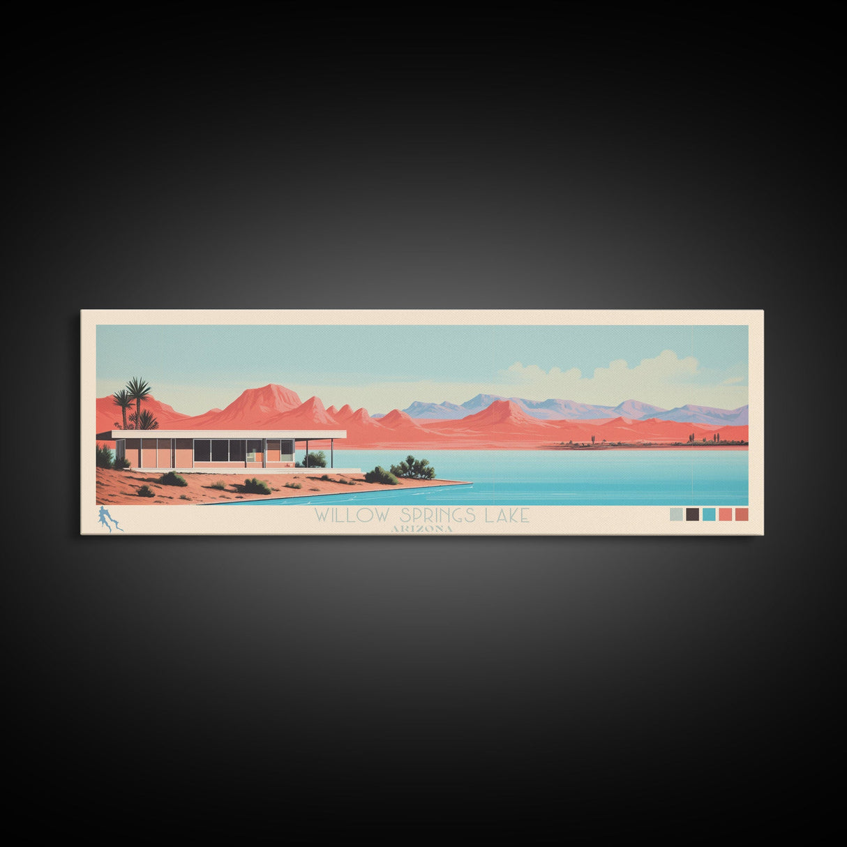 Willow Springs Lake, Arizona Panoramic Framed Canvas Print, Lake House Decor, Midcentury Modern Art, Pop Art, Travel Poster