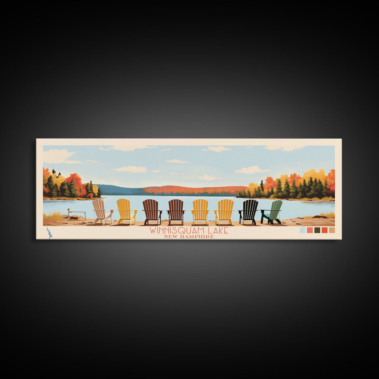 Winnisquam Lake, New Hampshire Panoramic Framed Canvas Print, Lake House Decor, Midcentury Modern Art, Pop Art, Travel Poster