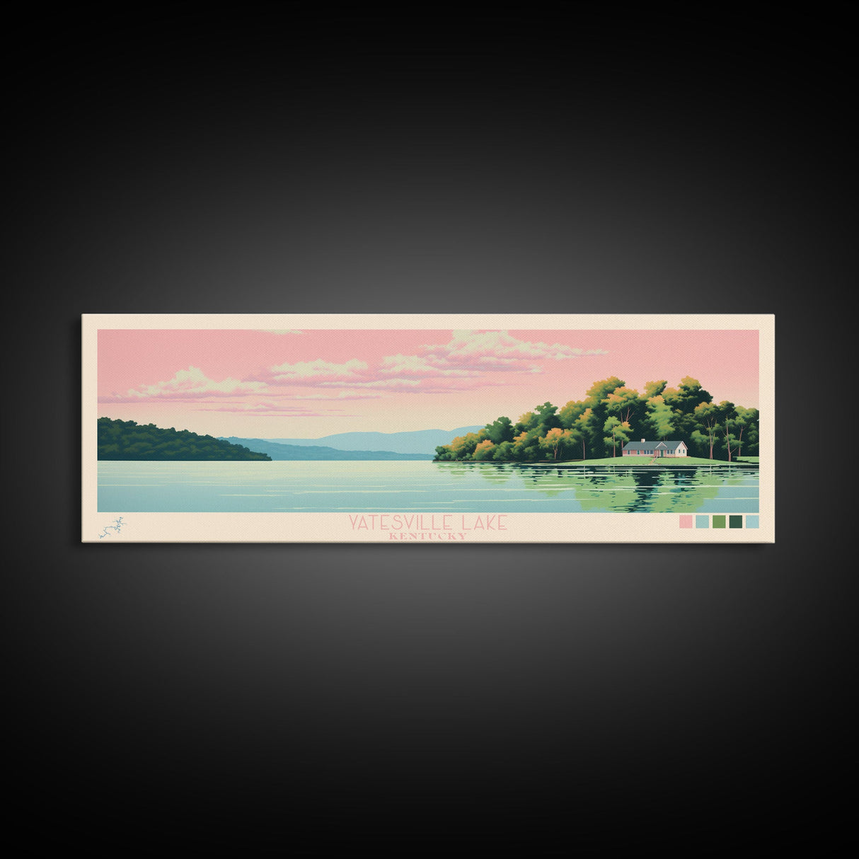 Yatesville Lake, Kentucky Panoramic Framed Canvas Print, Lake House Decor, Midcentury Modern Art, Pop Art, Travel Poster