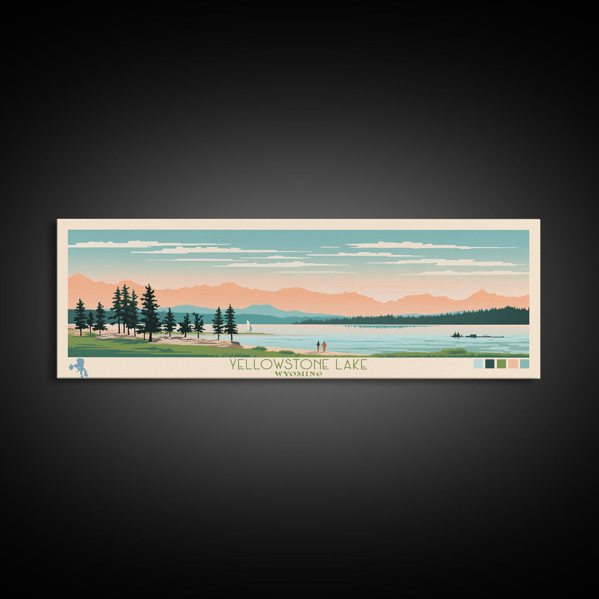 Yellowstone Lake, Wyoming Panoramic Framed Canvas Print, Lake House Art, Midcentury Modern Decor, Pop Art, Travel Poster