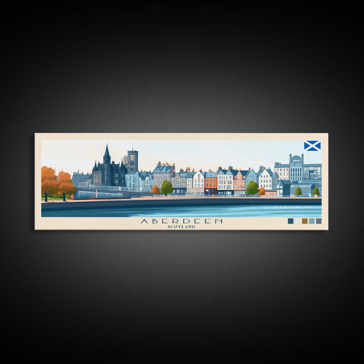 Aberdeen, Scotland Panoramic Travel Poster Canvas Print, Aberdeen, Scotland Painting, Scotland Art, Aberdeen Panoramic Travel Art, Travel Painting