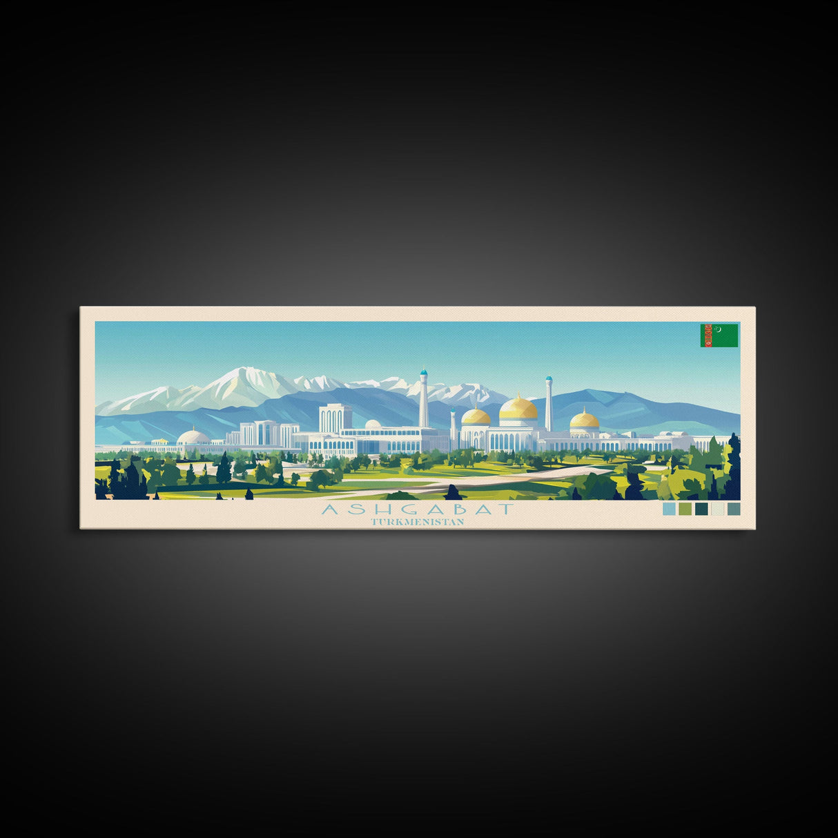 Ashgabat, Turkmenistan Panoramic Travel Poster Canvas Print, Ashgabat, Turkmenistan Painting, Turkmenistan Art, Ashgabat Panoramic Travel Art, Travel Painting