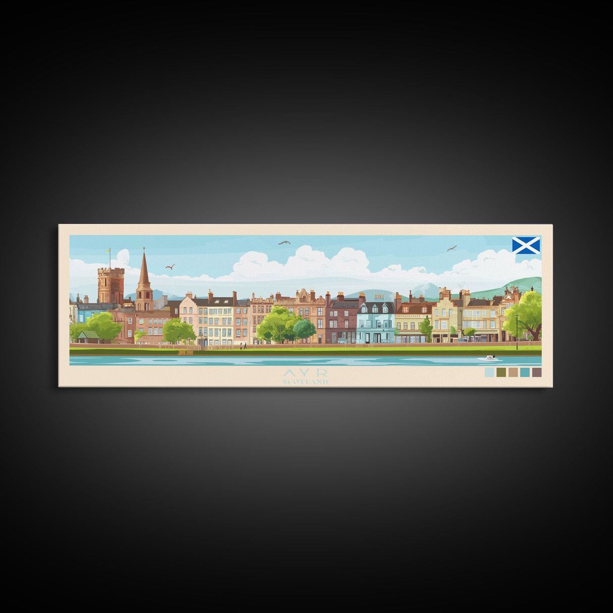 Ayr, Scotland Panoramic Travel Poster Canvas Print, Ayr, Scotland Painting, Scotland Art, Ayr Travel Art, Living Room Painting