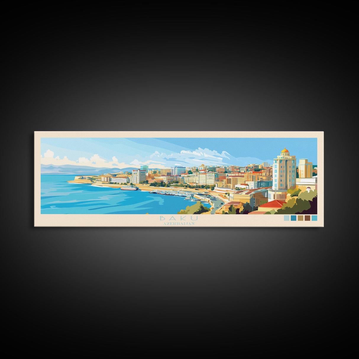 Baku, Azerbaijan Panoramic Travel Poster Canvas Print, Baku, Azerbaijan Painting, Azerbaijan Art, Baku Travel Art, Guest Room Painting