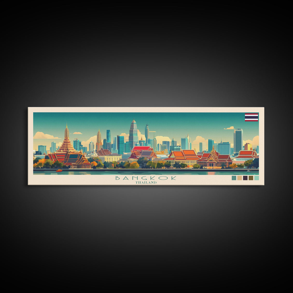 Bangkok, Thailand Travel Poster Panoramic Canvas Print, Bangkok, Thailand Painting, Thailand Art, Bangkok Travel Art, Guest Room Painting