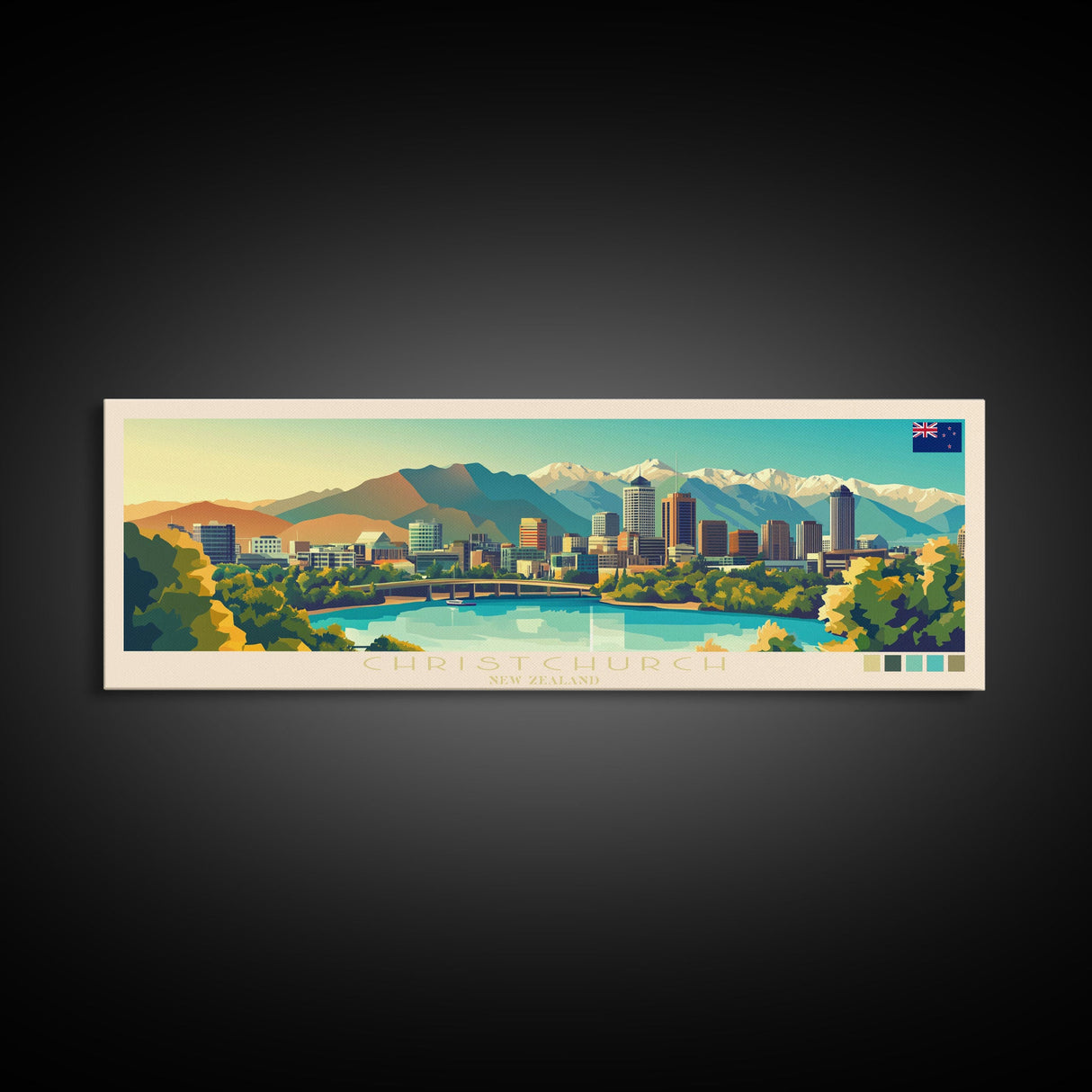 Panoramic Travel Poster Christchurch, New Zealand Canvas Print, Christchurch, New Zealand Painting, New Zealand Art, Christchurch Travel Art, Guest Room Painting