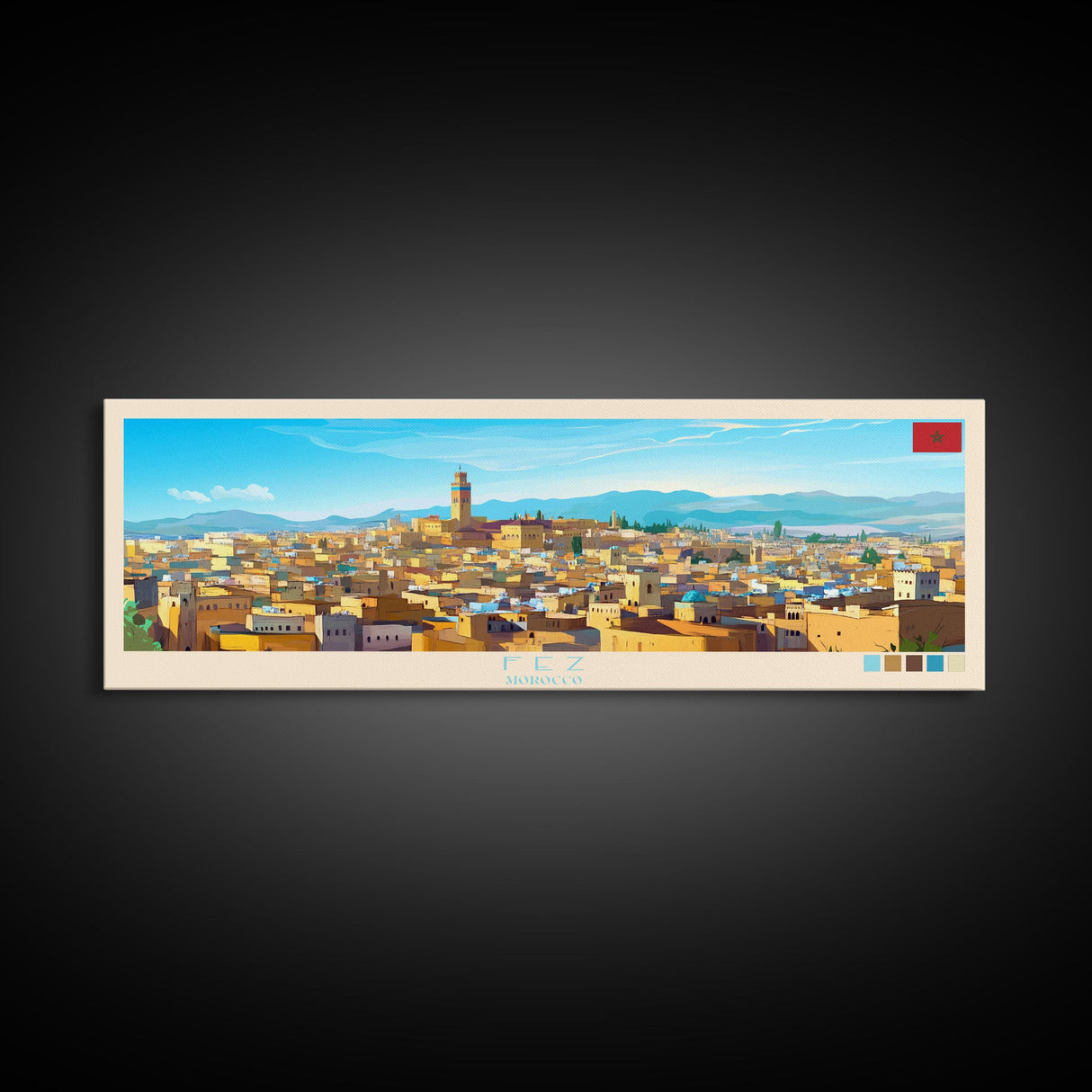 Fez, Morocco Travel Poster Panoramic Canvas Print, Fez, Morocco Painting, Morocco Art, Fez Travel Art, Guest Room Painting