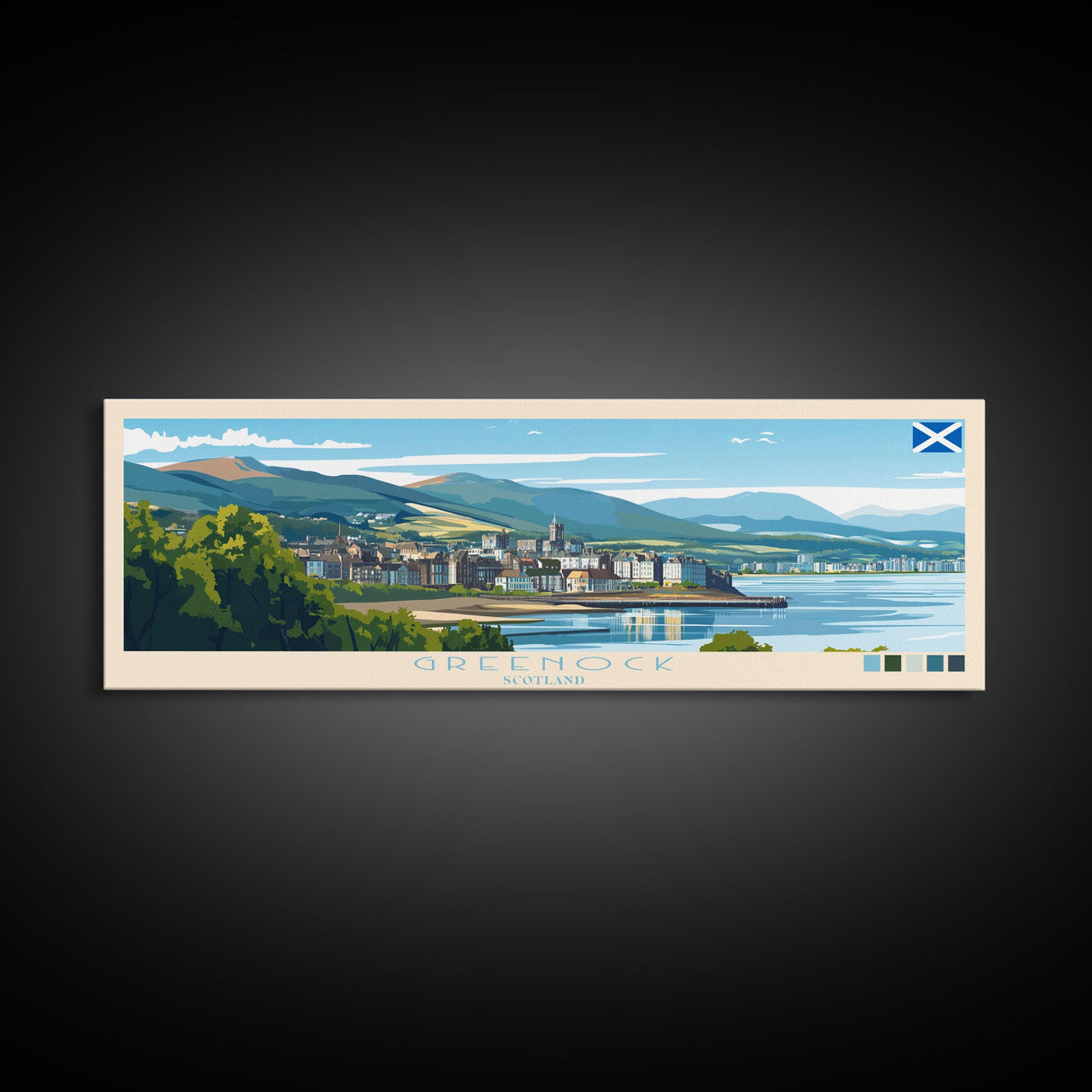 Greenock, Scotland Panoramic Travel Poster Canvas Print, Greenock, Scotland Painting, Scotland Art, Greenock Travel Art, Guest Room Painting