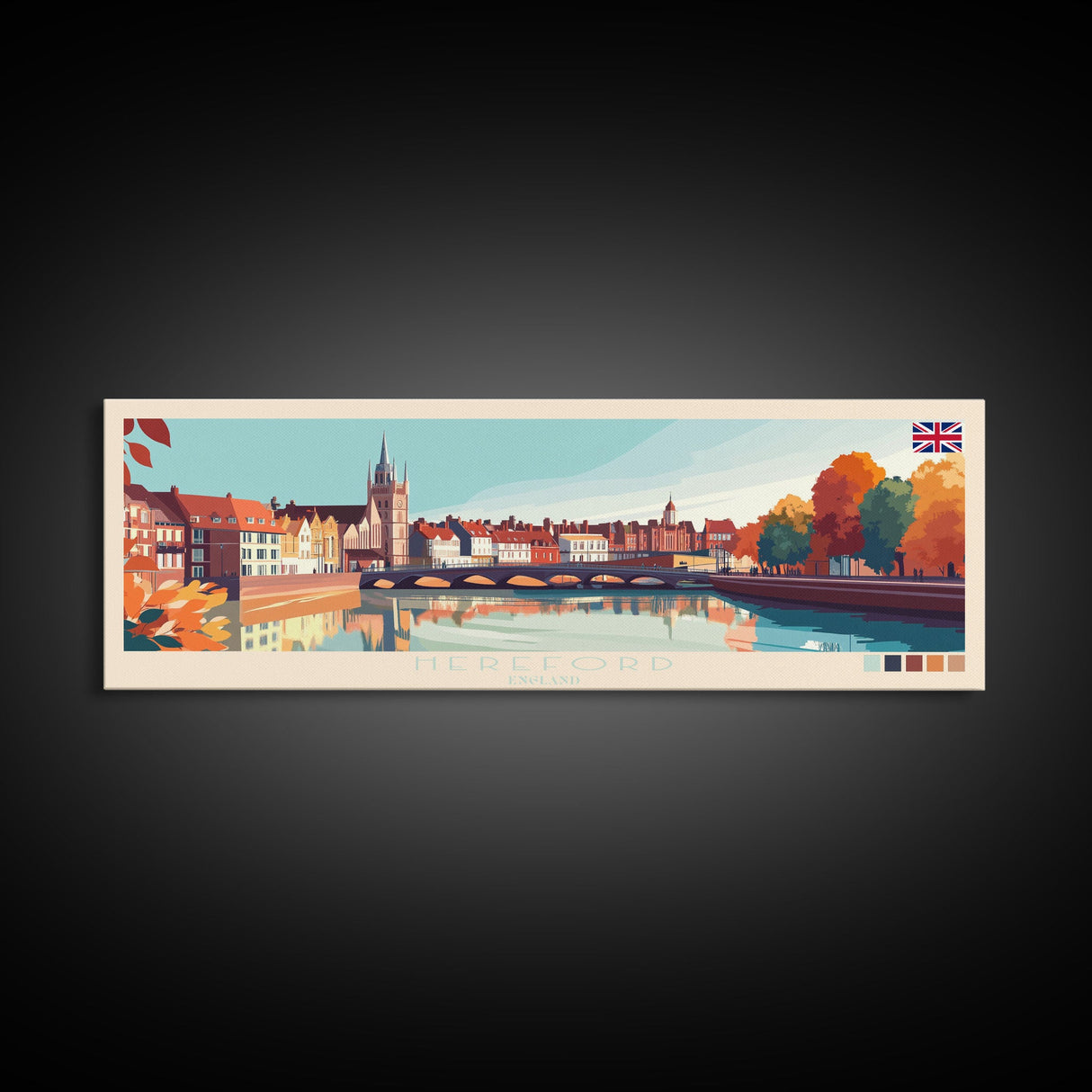 Hereford, England Travel Poster Panoramic Canvas Print, Hereford, England Painting, England Art, Hereford Travel Art, Guest Room Painting