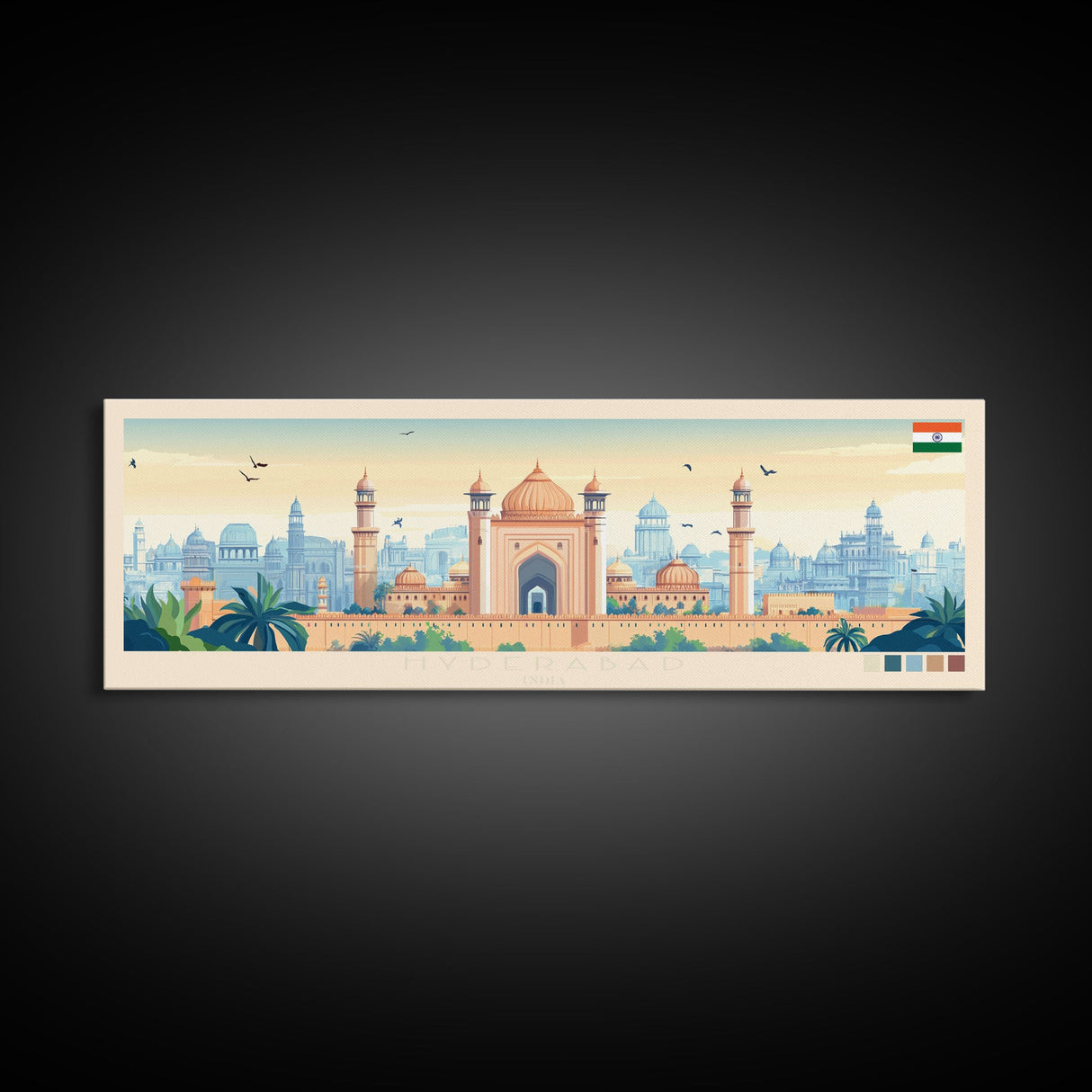 Hyderabad, India Panoramic Travel Poster Canvas Print, Hyderabad, India Painting, India Art, Hyderabad Travel Art, Guest Room Painting