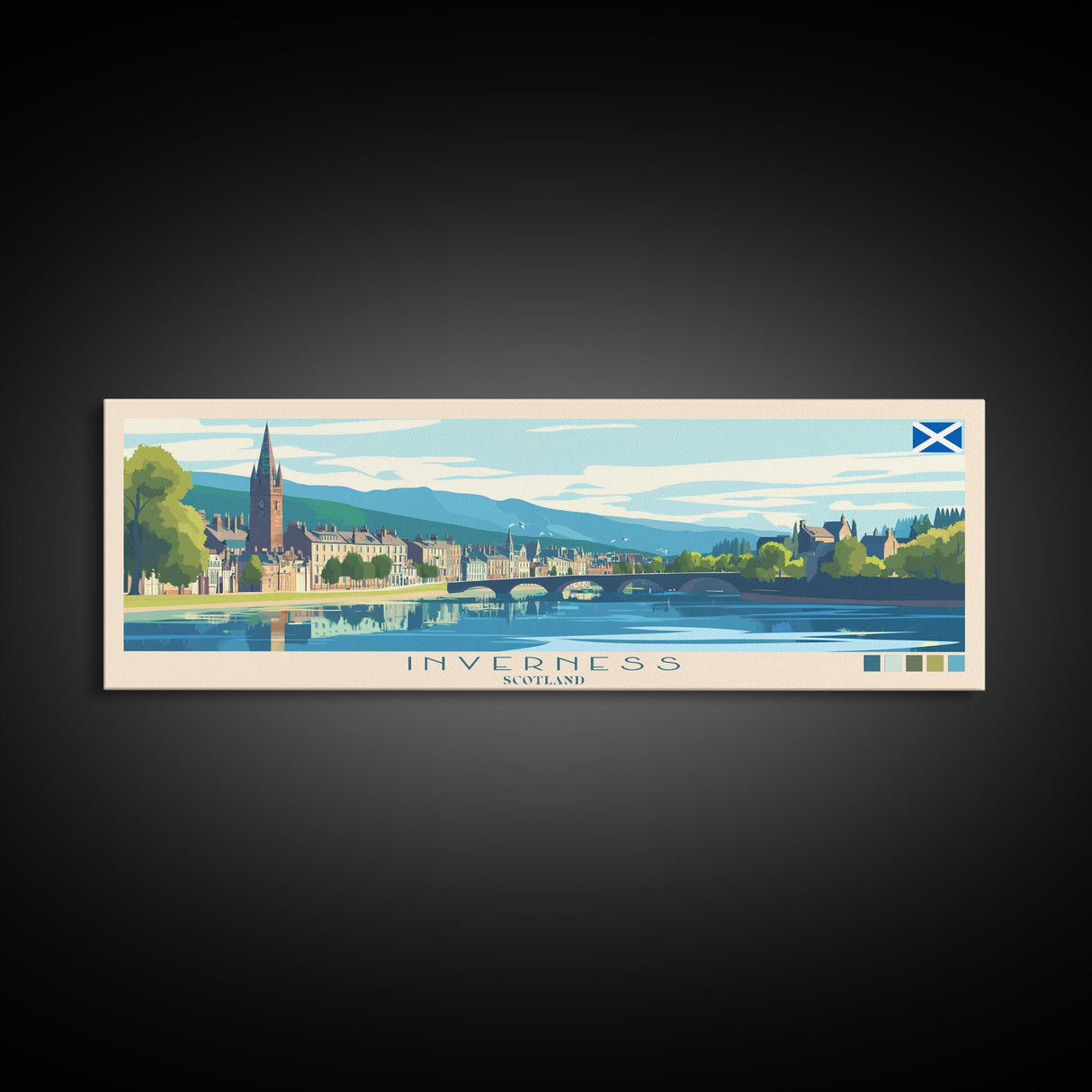 Inverness, Scotland Panoramic Travel Poster Canvas Print, Inverness, Scotland Painting, Scotland Art, Inverness Travel Art, Living Room Painting