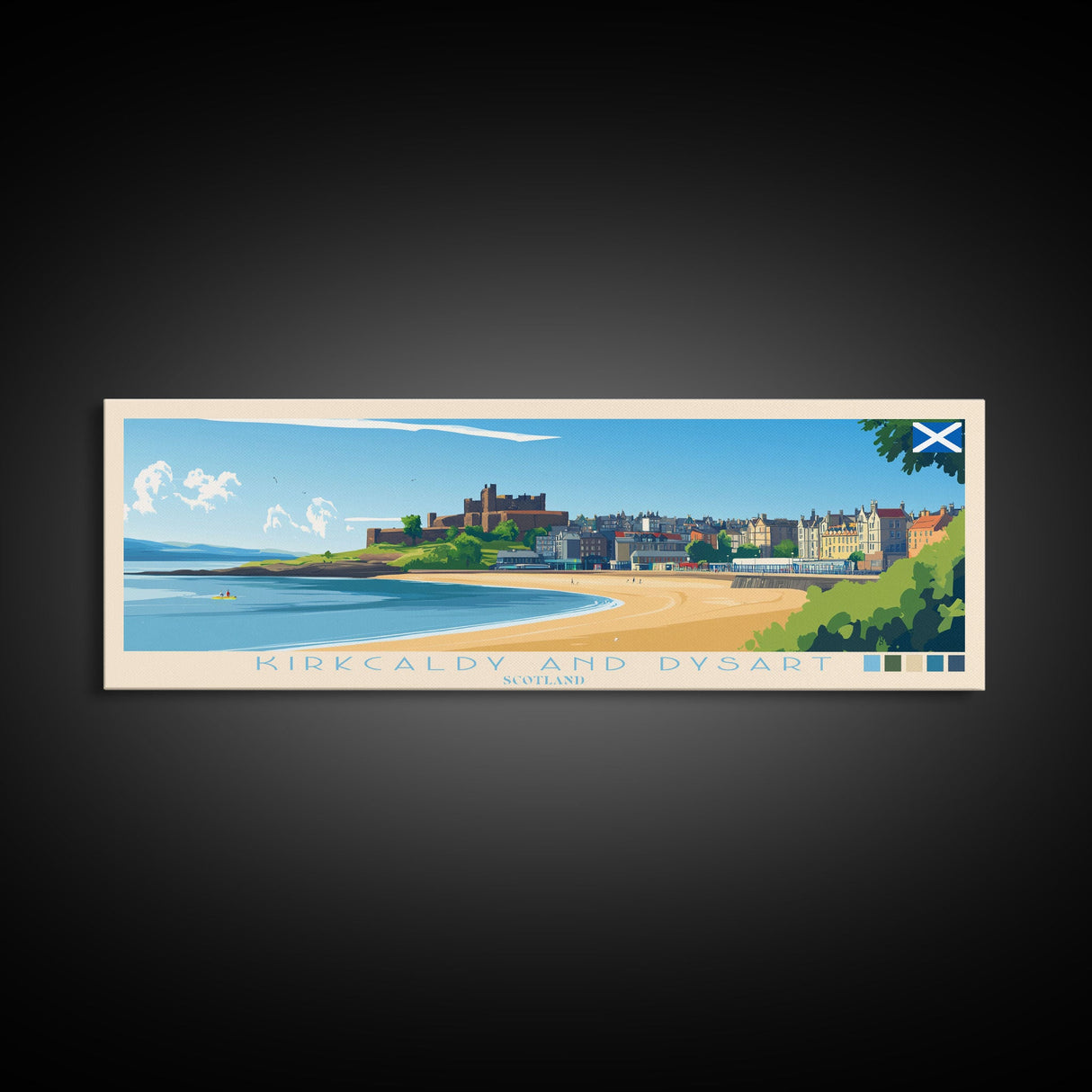 Kirkcaldy and Dysart, Scotland Travel Poster Panoramic Canvas Print, Kirkcaldy and Dysart, Scotland Painting, Scotland Art, Kirkcaldy and Dysart Travel Art, Guest Room Painting