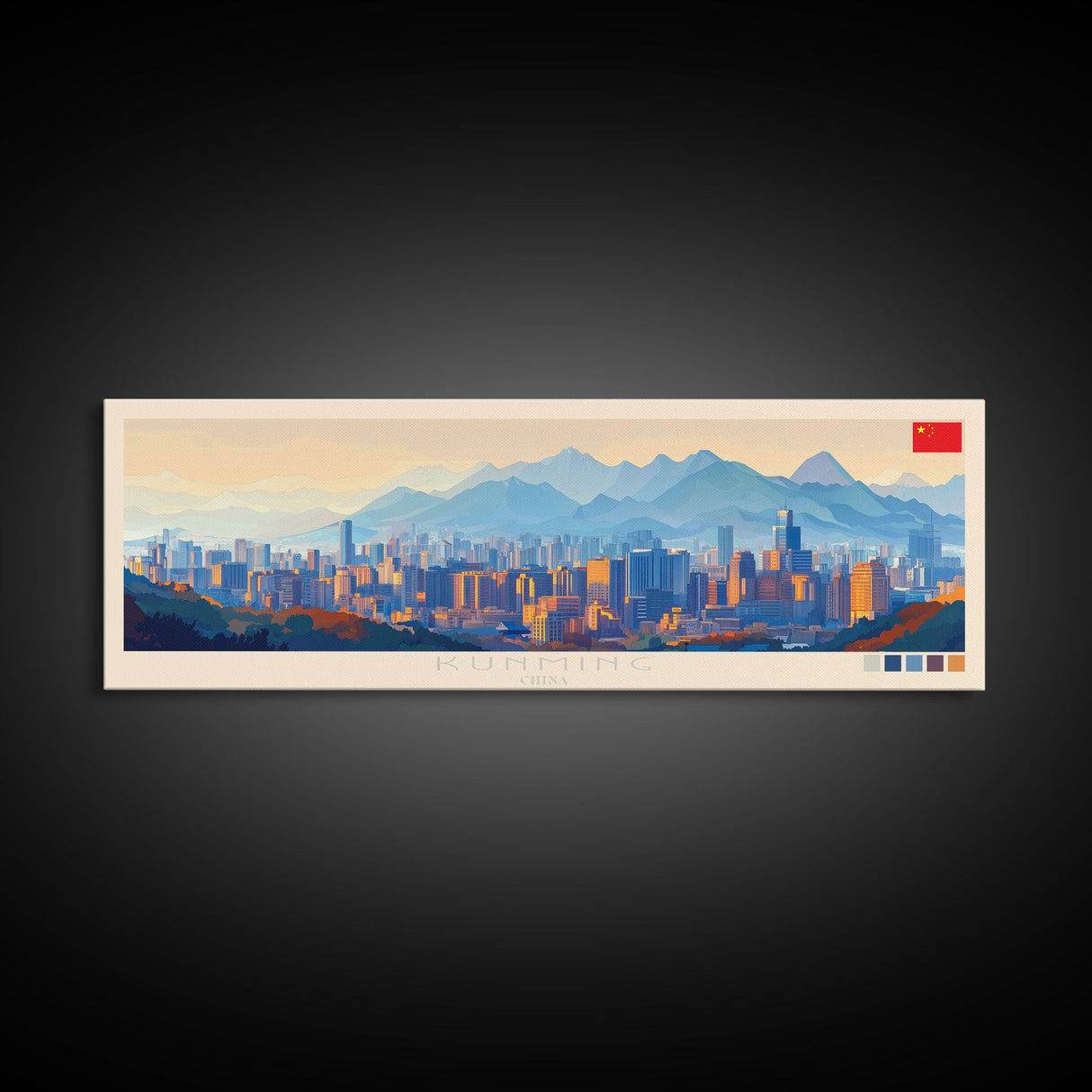 Kunming, China Panoramic Travel Poster Canvas Print, Kunming, China Painting, China Art, Kunming Travel Art, Guest Room Painting