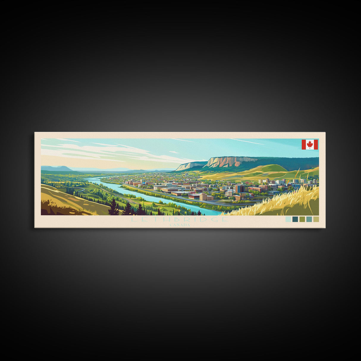 Lethbridge, Canada Panoramic Travel Poster Canvas Print, Lethbridge, Canada Painting, Canada Art, Lethbridge Travel Art, Living Room Painting