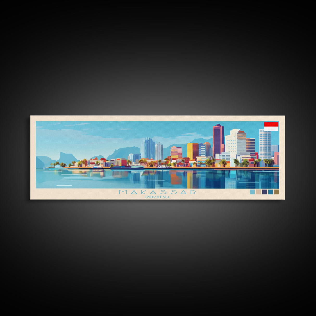 Makassar, Indonesia Panoramic Travel Poster Canvas Print, Makassar, Indonesia Painting, Indonesia Art, Makassar Travel Art, Guest Room Painting