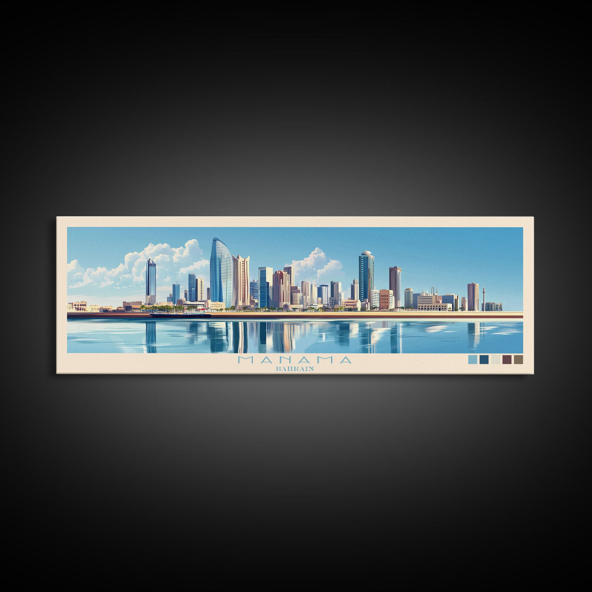 Manama, Bahrain Travel Poster Panoramic Canvas Print, Manama, Bahrain Painting, Bahrain Art, Manama Travel Art, Guest Room Painting