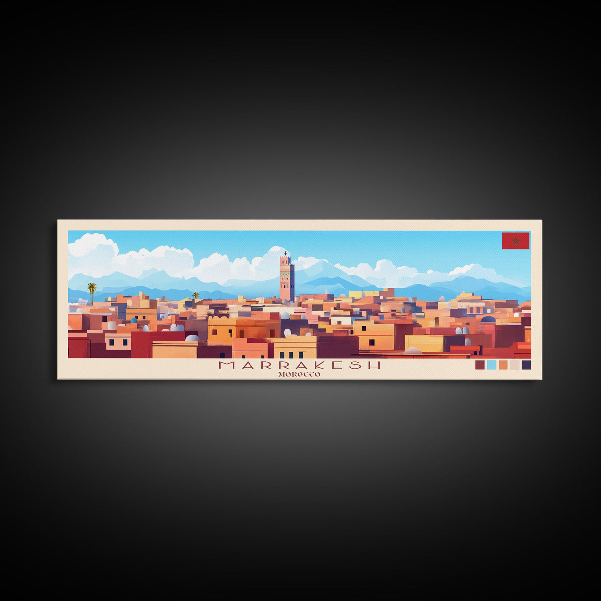 Marrakesh, Morocco Panoramic Travel Poster Canvas Print, Marrakesh, Morocco Painting, Morocco Art, Marrakesh Travel Art, Guest Room Painting