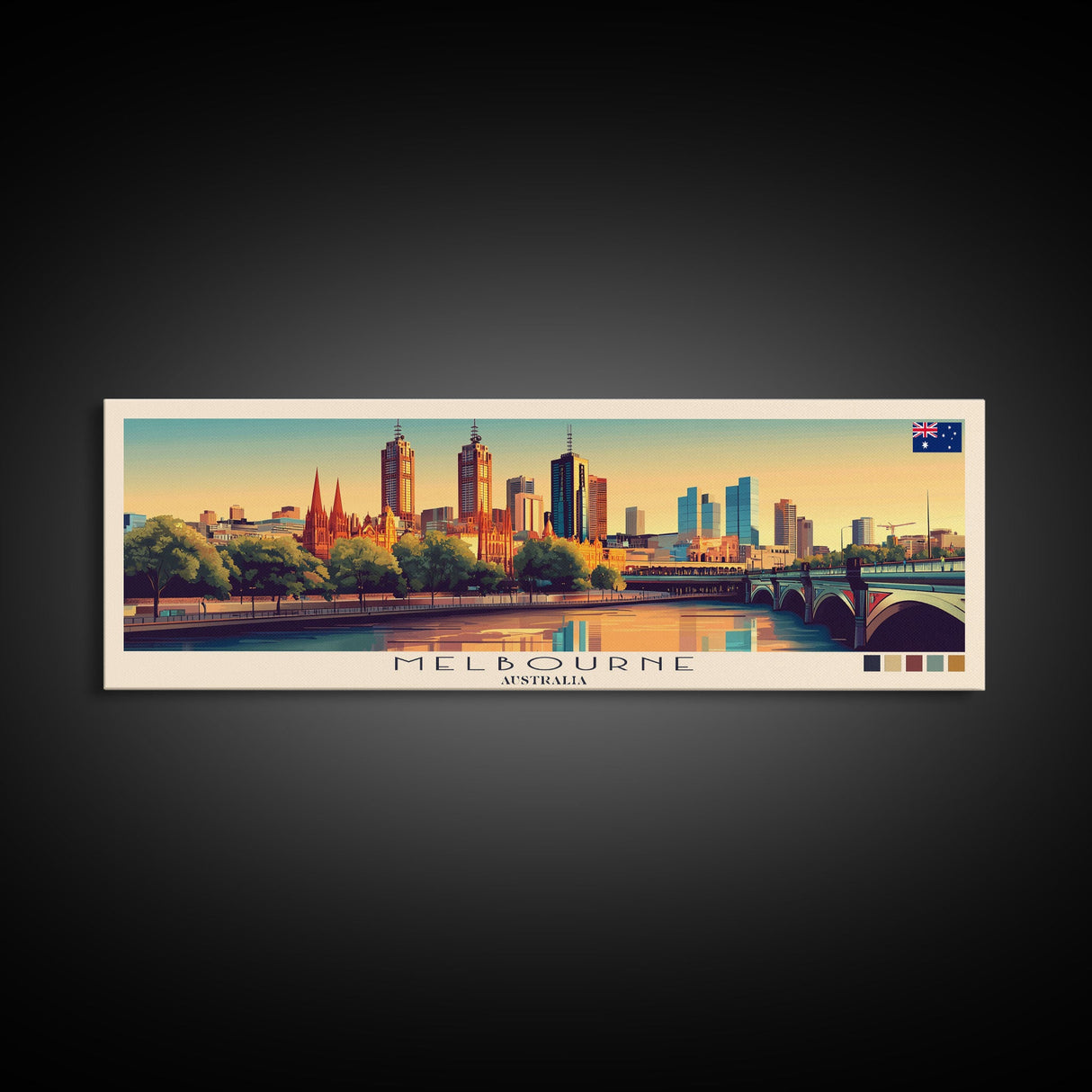 Melbourne, Australia Panoramic Travel Poster Canvas Print, Melbourne, Australia Painting, Australia Art, Melbourne Travel Art, Living Room Painting