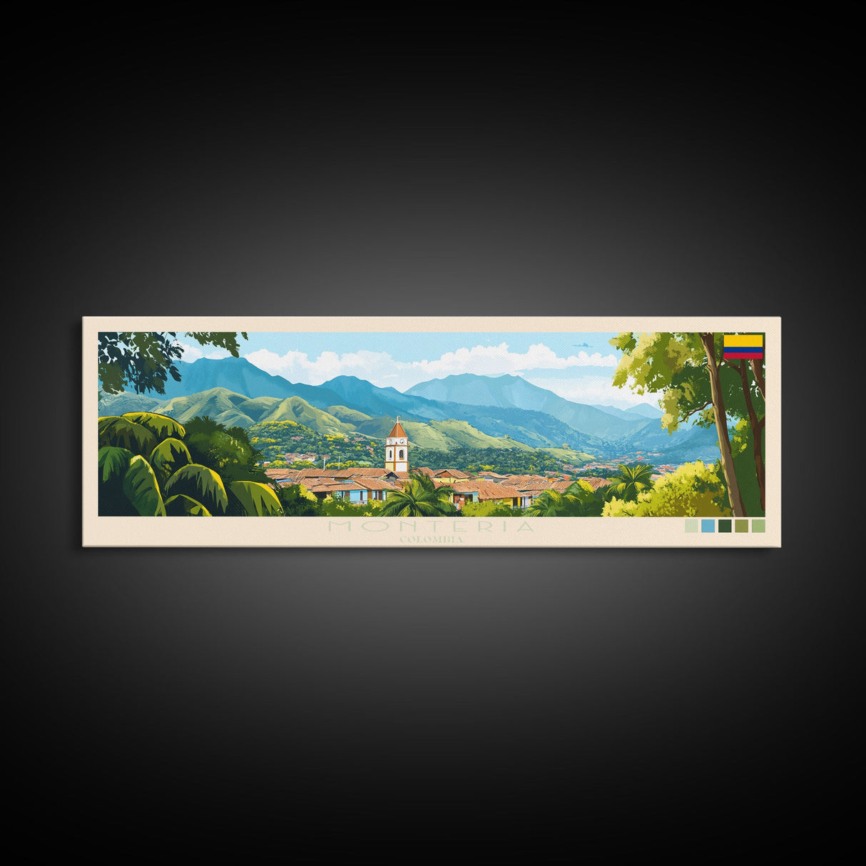 Monteria, Colombia Panoramic Travel Poster Canvas Print, Monteria, Colombia Painting, Colombia Art, Monteria Panoramic Travel Art, Travel Painting