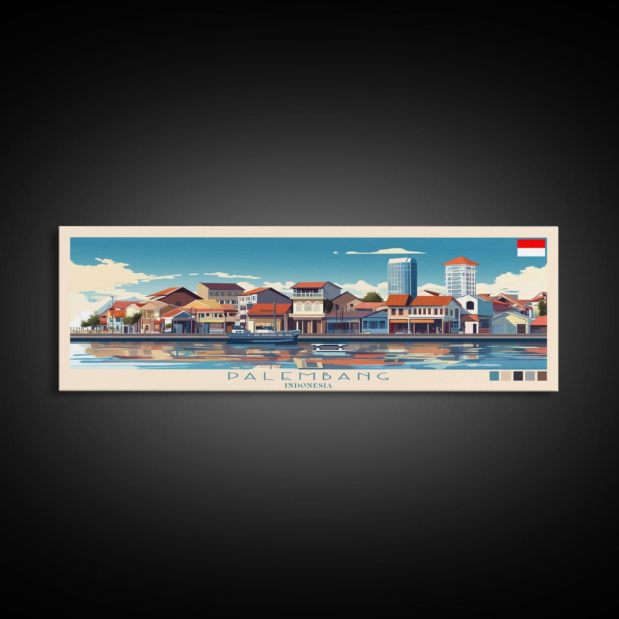 Palembang, Indonesia Panoramic Travel Poster Canvas Print, Palembang, Indonesia Painting, Indonesia Art, Palembang Travel Art, Guest Room Painting