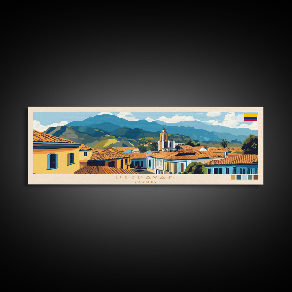 Popayan, Colombia Panoramic Travel Poster Canvas Print, Popayan, Colombia Painting, Colombia Art, Popayan Panoramic Travel Art, Travel Painting