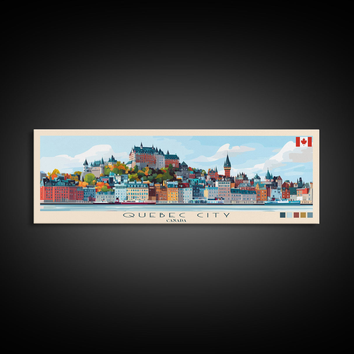 Quebec City, Canada Panoramic Travel Poster Canvas Print, Quebec City, Canada Painting, Canada Art, Quebec City Travel Art, Guest Room Painting