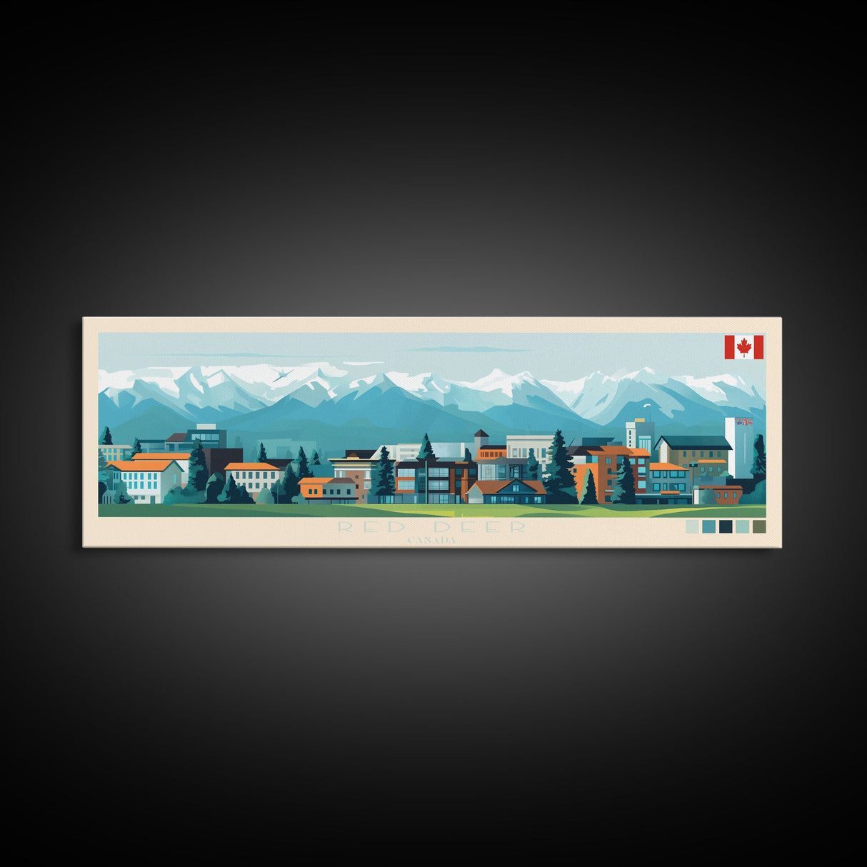 Red Deer, Canada Travel Poster Panoramic Canvas Print, Red Deer, Canada Painting, Canada Art, Red Deer Travel Art, Guest Room Painting