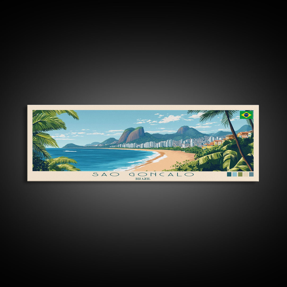 Sao Goncalo, Brazil Panoramic Travel Poster Canvas Print, Sao Goncalo, Brazil Painting, Brazil Art, Sao Goncalo Travel Art, Guest Room Painting