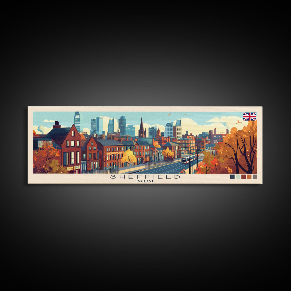 Sheffield, England Panoramic Travel Poster Canvas Print, Sheffield, England Painting, England Art, Sheffield Panoramic Travel Art, Travel Painting