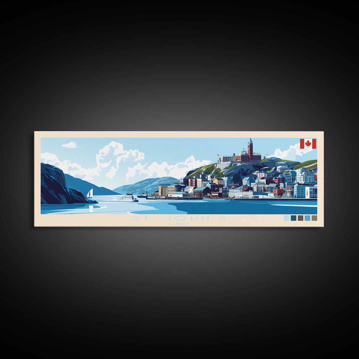 St. John's, Canada Travel Poster Panoramic Canvas Print, St. John's, Canada Painting, Canada Art, St. John's Travel Art, Guest Room Painting