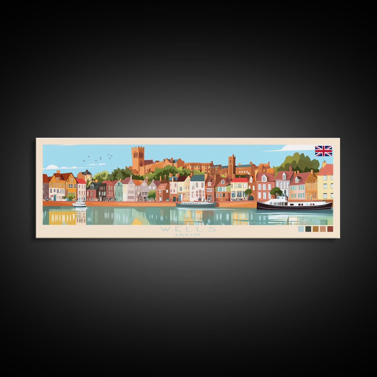 Wells, England Panoramic Travel Poster Canvas Print, Wells, England Painting, England Art, Wells Travel Art, Guest Room Painting