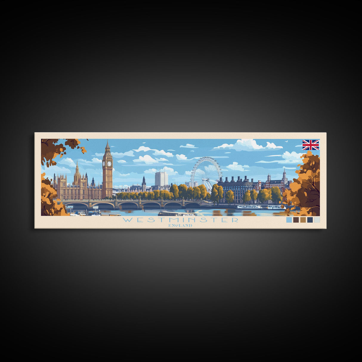 Westminster, England Panoramic Travel Poster Canvas Print, Westminster, England Painting, England Art, Westminster Travel Art, Living Room Painting