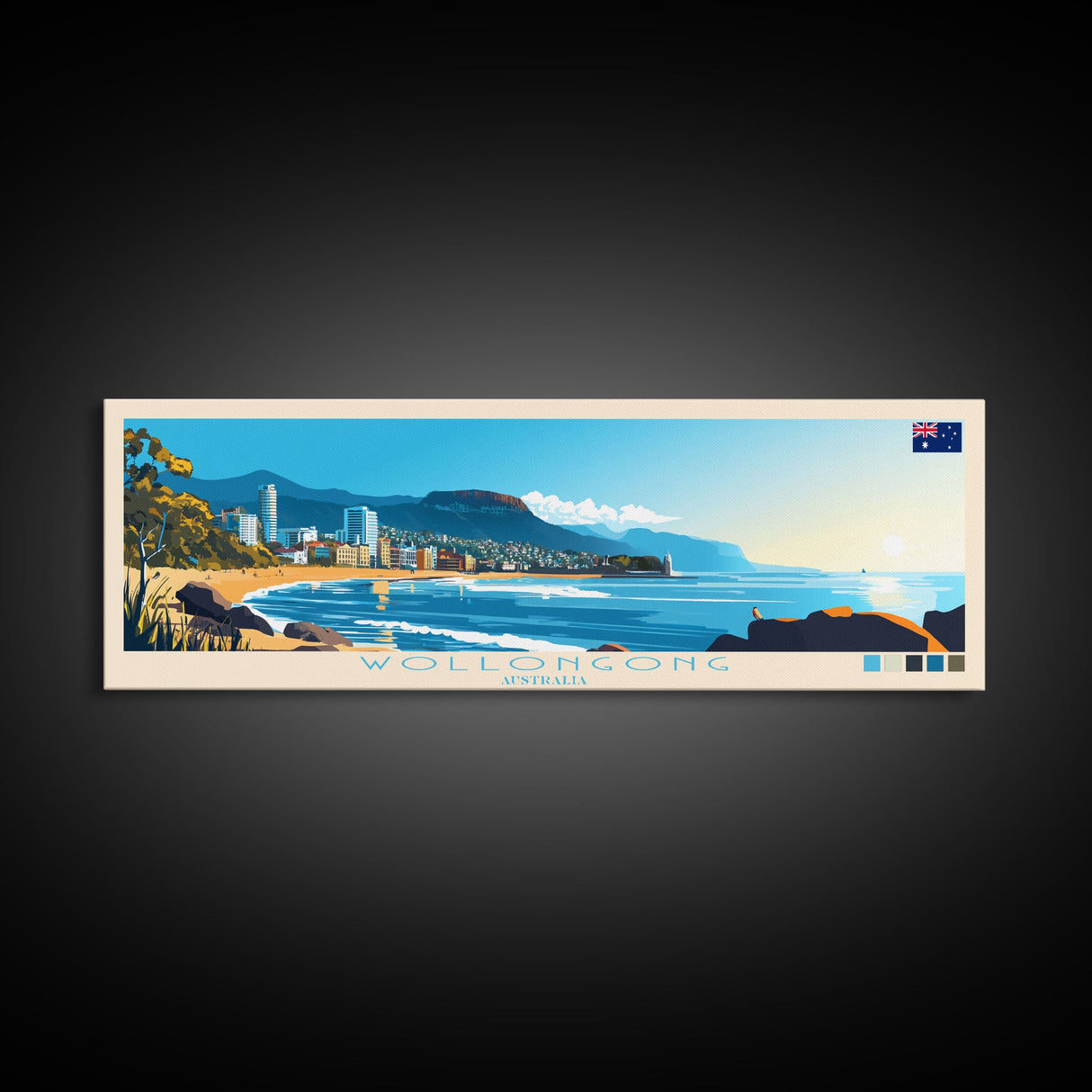 Panoramic Travel Poster Wollongong, Australia Canvas Print, Wollongong, Australia Painting, Australia Art, Wollongong Travel Art, Guest Room Painting