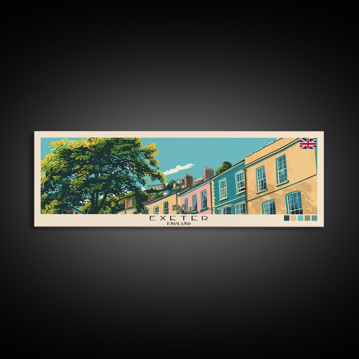 Exeter, England Panoramic Canvas Print, Exeter, England Painting, England Art, Exeter Travel Poster, Travel Art, Vacation Gift