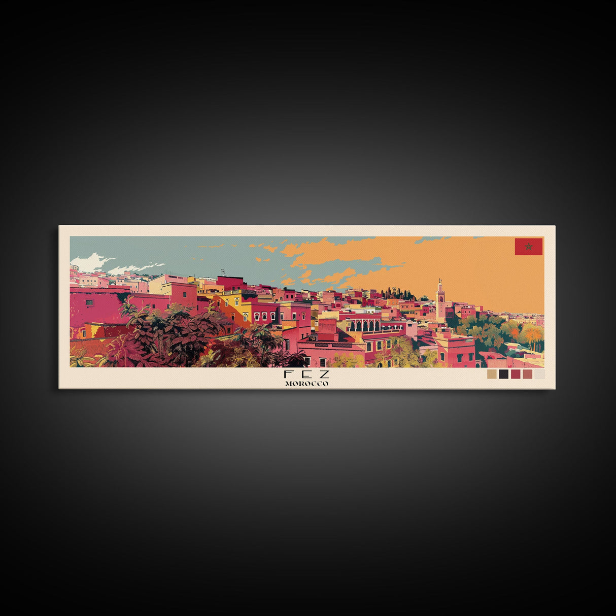 Fez, Morocco Panoramic Canvas Print, Fez, Morocco Painting, Morocco Art, Fez Travel Poster, Travel Art, Vacation Gift