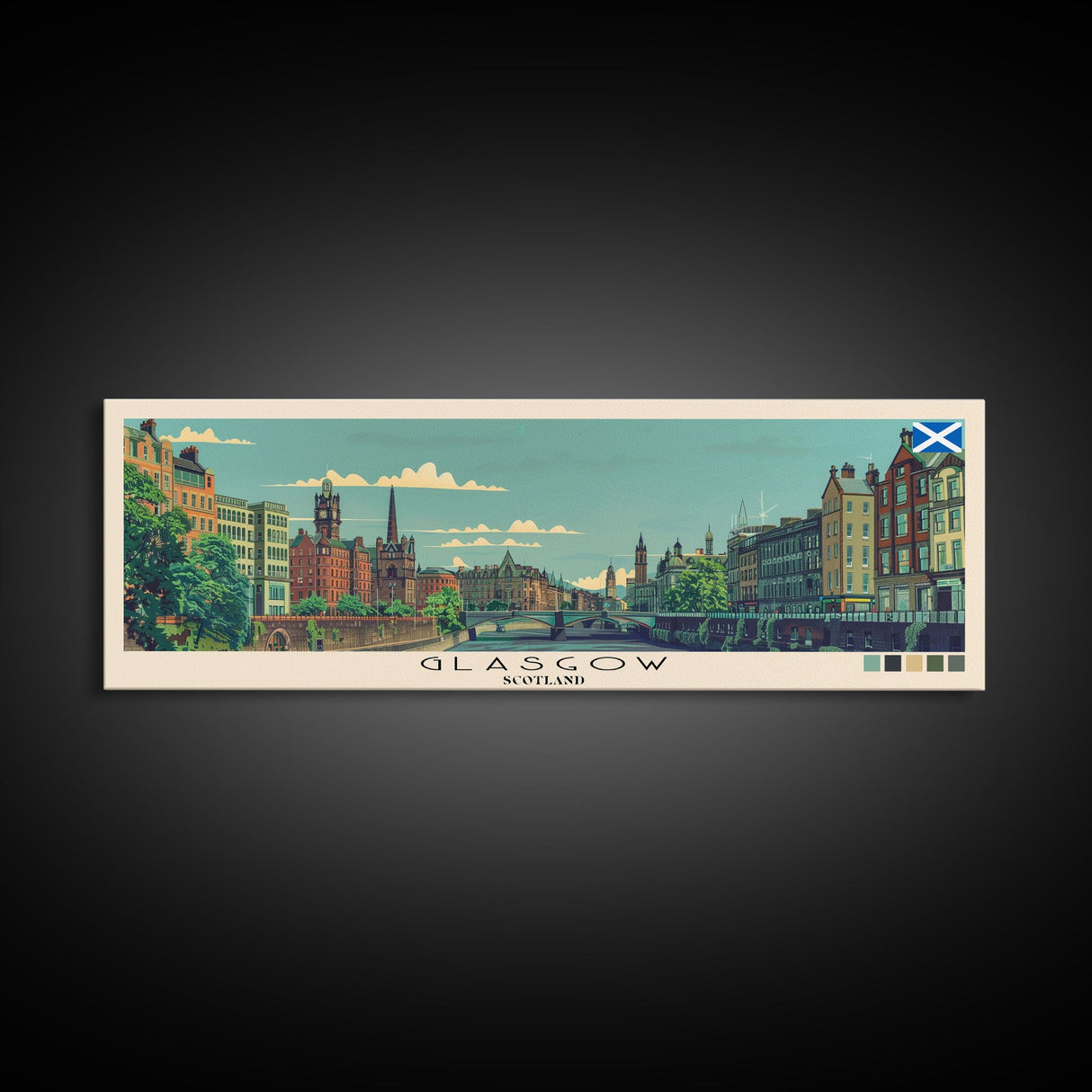 Glasgow, Scotland Panoramic Canvas Print, Glasgow, Scotland Painting, Scotland Art, Glasgow Travel Poster, Travel Art, Living Room Painting