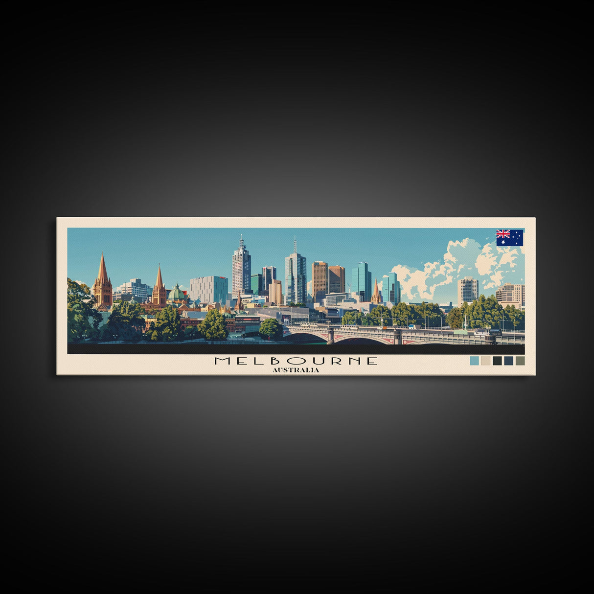 Melbourne, Australia Panoramic Canvas Print, Melbourne, Australia Painting, Australia Art, Melbourne Travel Poster, Travel Art, Guest Room Painting