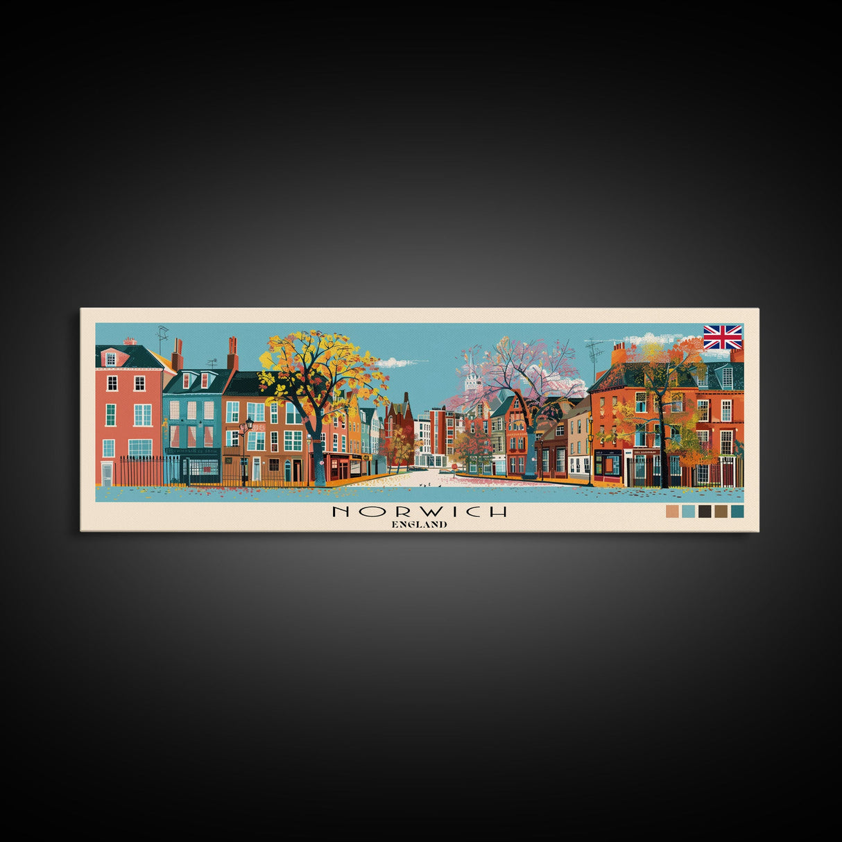 Norwich, England Panoramic Canvas Print, Norwich, England Painting, England Art, Norwich Travel Poster, Travel Art, Vacation Gift