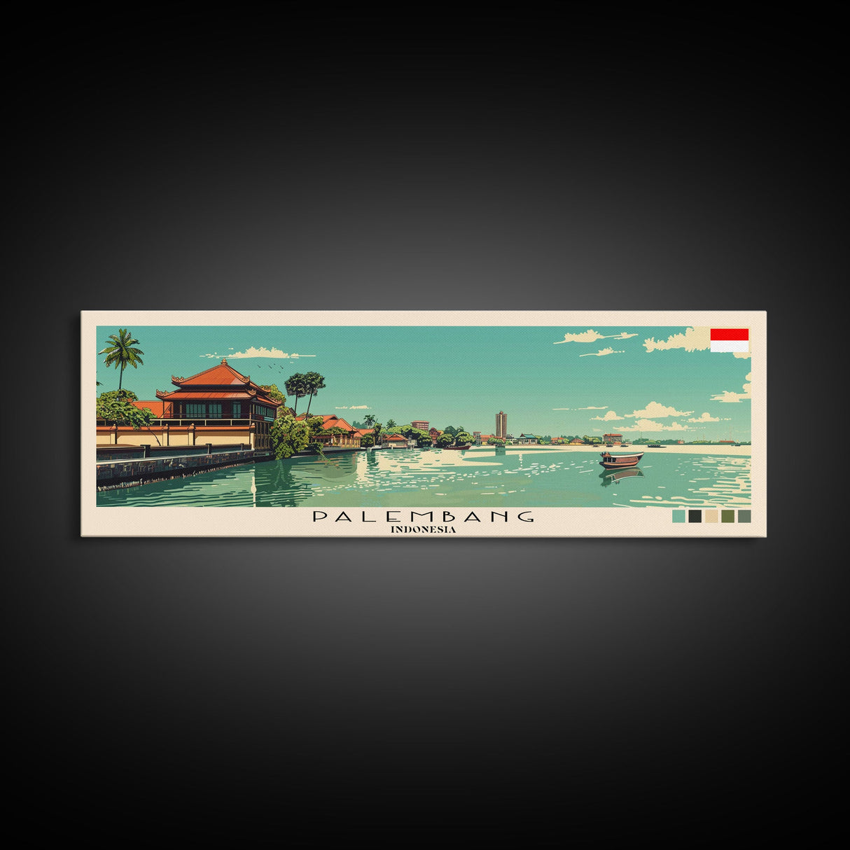 Palembang, Indonesia Panoramic Canvas Print, Palembang, Indonesia Painting, Indonesia Art, Palembang Travel Poster, Travel Art, Guest Room Painting