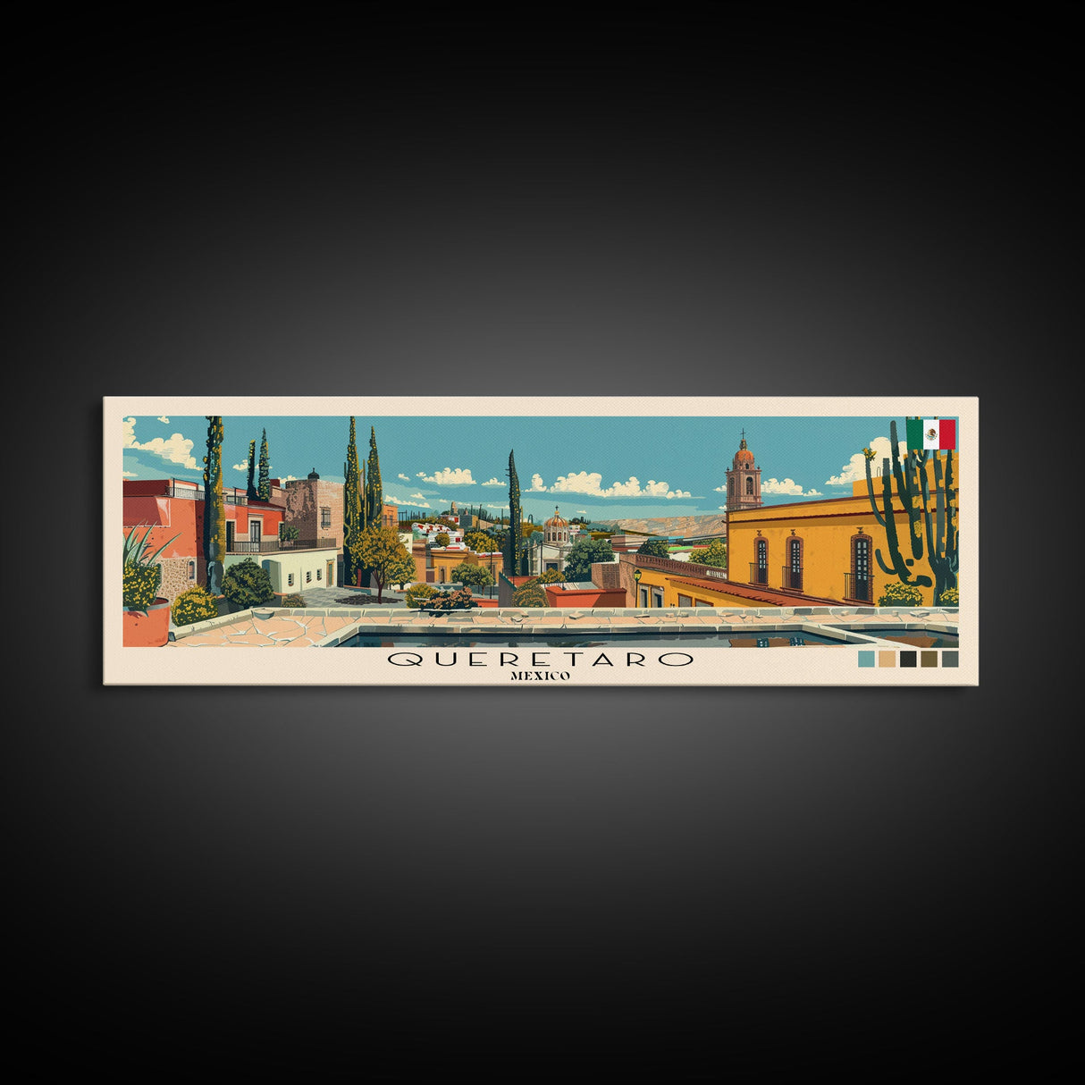 Queretaro, Mexico Panoramic Canvas Print, Queretaro, Mexico Painting, Mexico Art, Queretaro Travel Poster, Travel Art, Living Room Painting