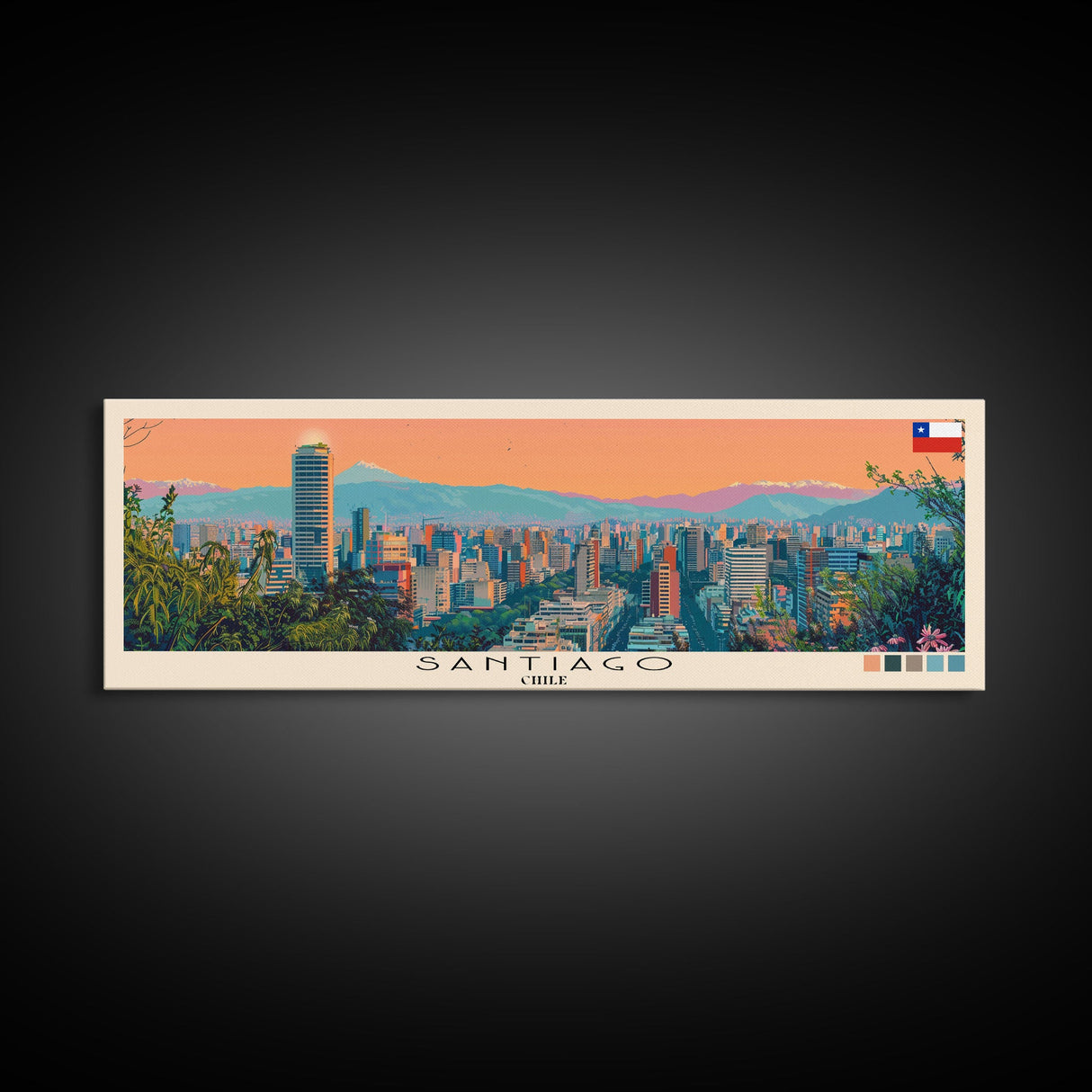 Santiago, Chile Panoramic Canvas Print, Santiago, Chile Painting, Chile Art, Santiago Travel Poster, Travel Art, Vacation Gift