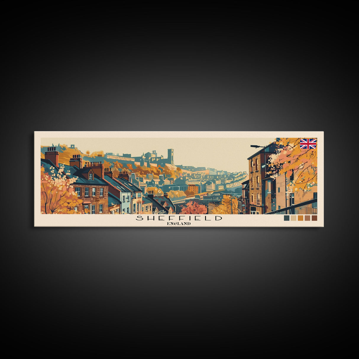 Sheffield, England Panoramic Canvas Print, Sheffield, England Painting, England Art, Sheffield Travel Poster, Travel Art, Guest Room Painting