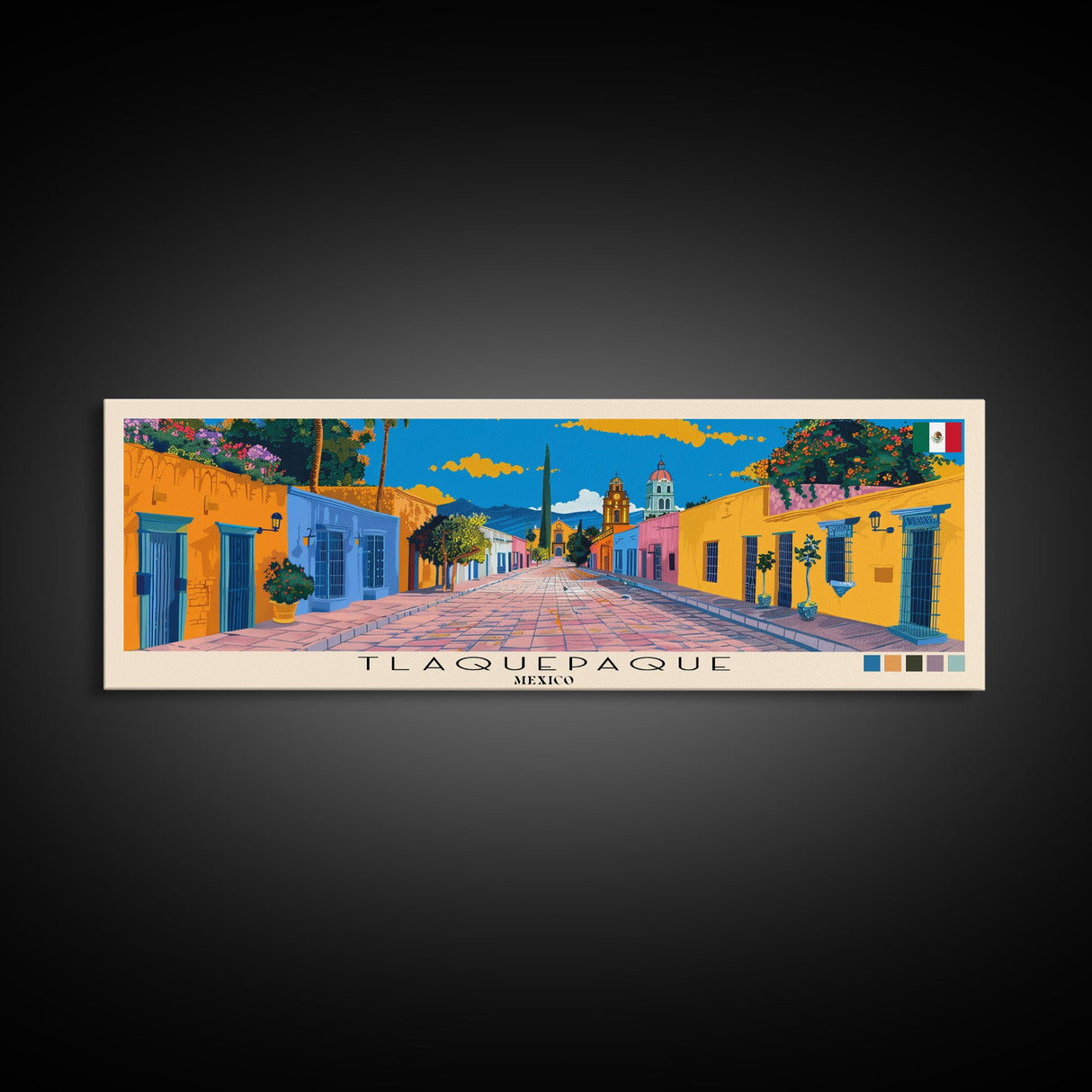 Tlaquepaque, Mexico Panoramic Canvas Print, Tlaquepaque, Mexico Painting, Mexico Art, Tlaquepaque Travel Poster, Travel Art, Living Room Painting