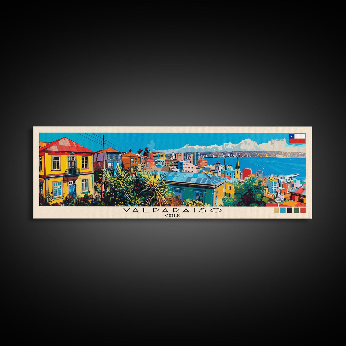 Valparaiso, Chile Panoramic Canvas Print, Valparaiso, Chile Painting, Chile Art, Valparaiso Travel Poster, Travel Art, Living Room Painting